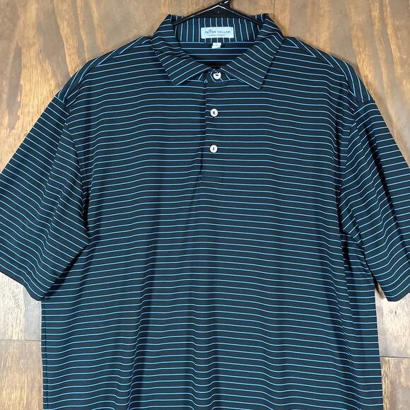 Peter Millar Men Shirt Black Blue Stripe Summer Crown Comfort Polo Stretch Large - Picture 2 of 12